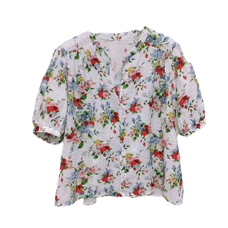 French Elegant Temperament Floral Lapel Short-sleeved Shirt Women - BUNNY BAZAR