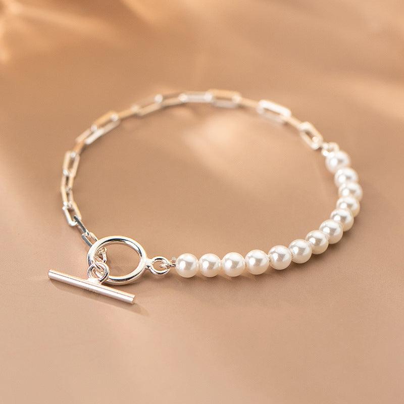 Silver Beads Synthetic Pearl Oval Cutout Bracelet - BUNNY BAZAR