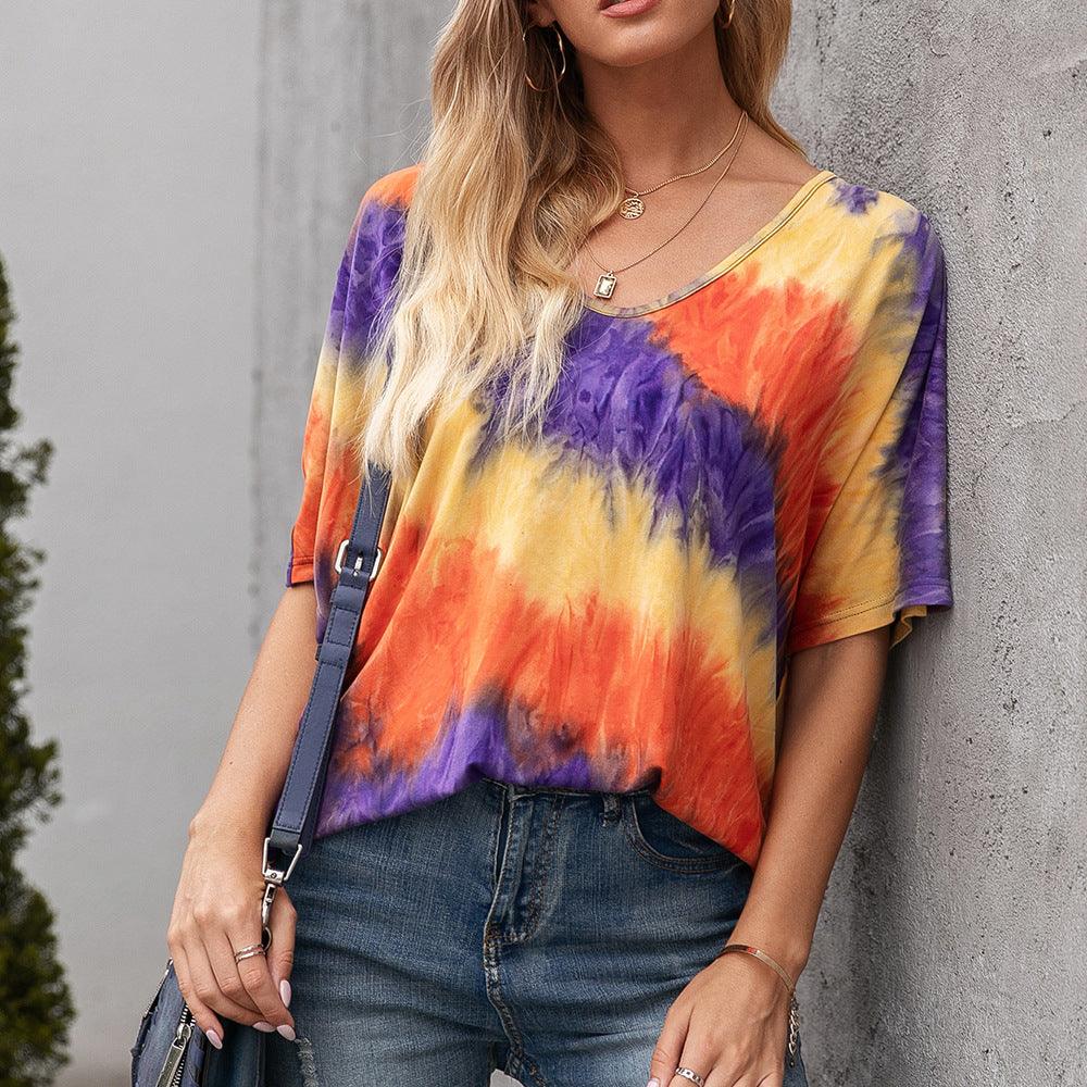 Casual Tie Dye Print Colorful Loose Round Neck Short Sleeve T-Shirt Women - BUNNY BAZAR