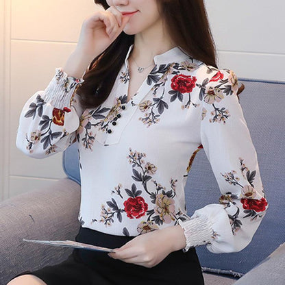 V-neck Floral Blouse Fashion Western Style Blouse - BUNNY BAZAR