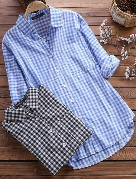 New Style Plaid Lapel Long-sleeved Retro Shirt Button - BUNNY BAZAR