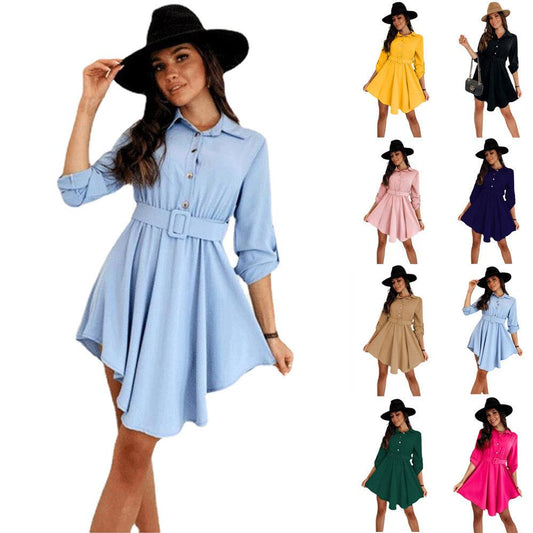 Long Sleeve Roll Sleeve Waist Shirt Belt Dress Women's - BUNNY BAZAR