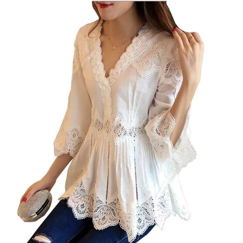 V-Neck Ruffled Lace Shirt Loose Babydoll Top Summer Shirt - BUNNY BAZAR