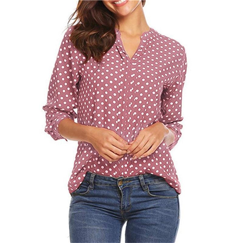 Women's Polka Dot Printed V-neck Long Sleeve Loose Shirt - BUNNY BAZAR