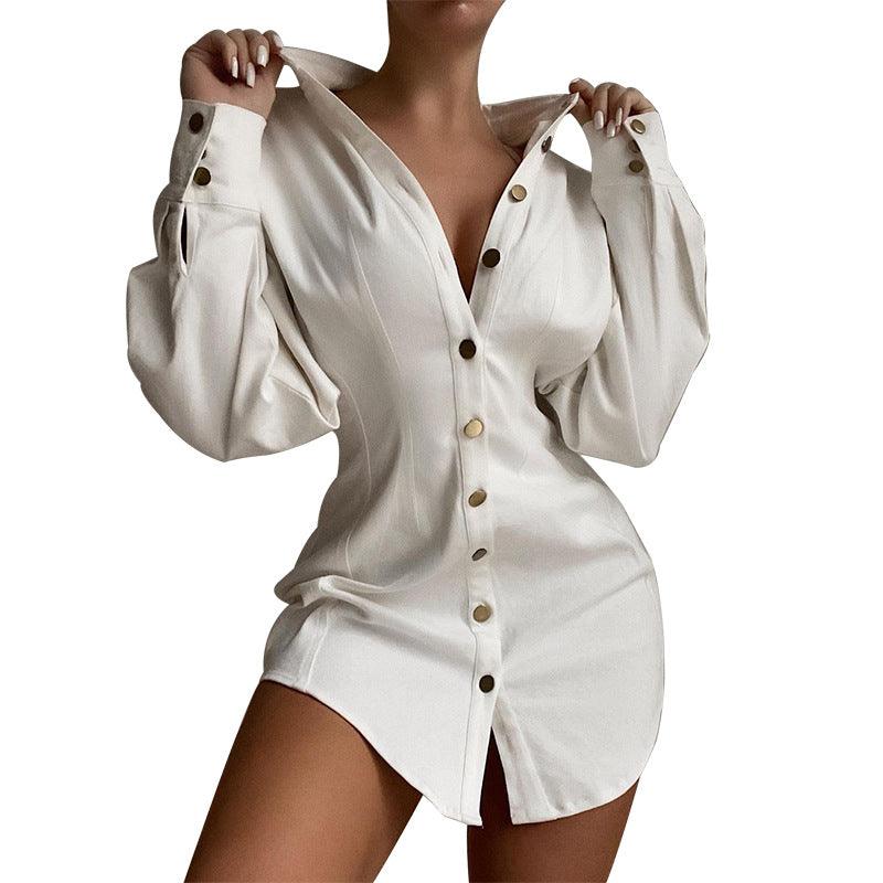 Solid Color Slim Long-sleeved Women's Shirt Dress - BUNNY BAZAR