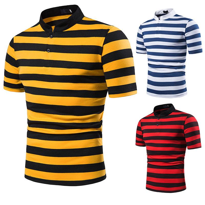 Men's Polo Fashion Thick Stripes Men's Casual Stand-Up Collar Short-Sleeved Polo Shirt - BUNNY BAZAR